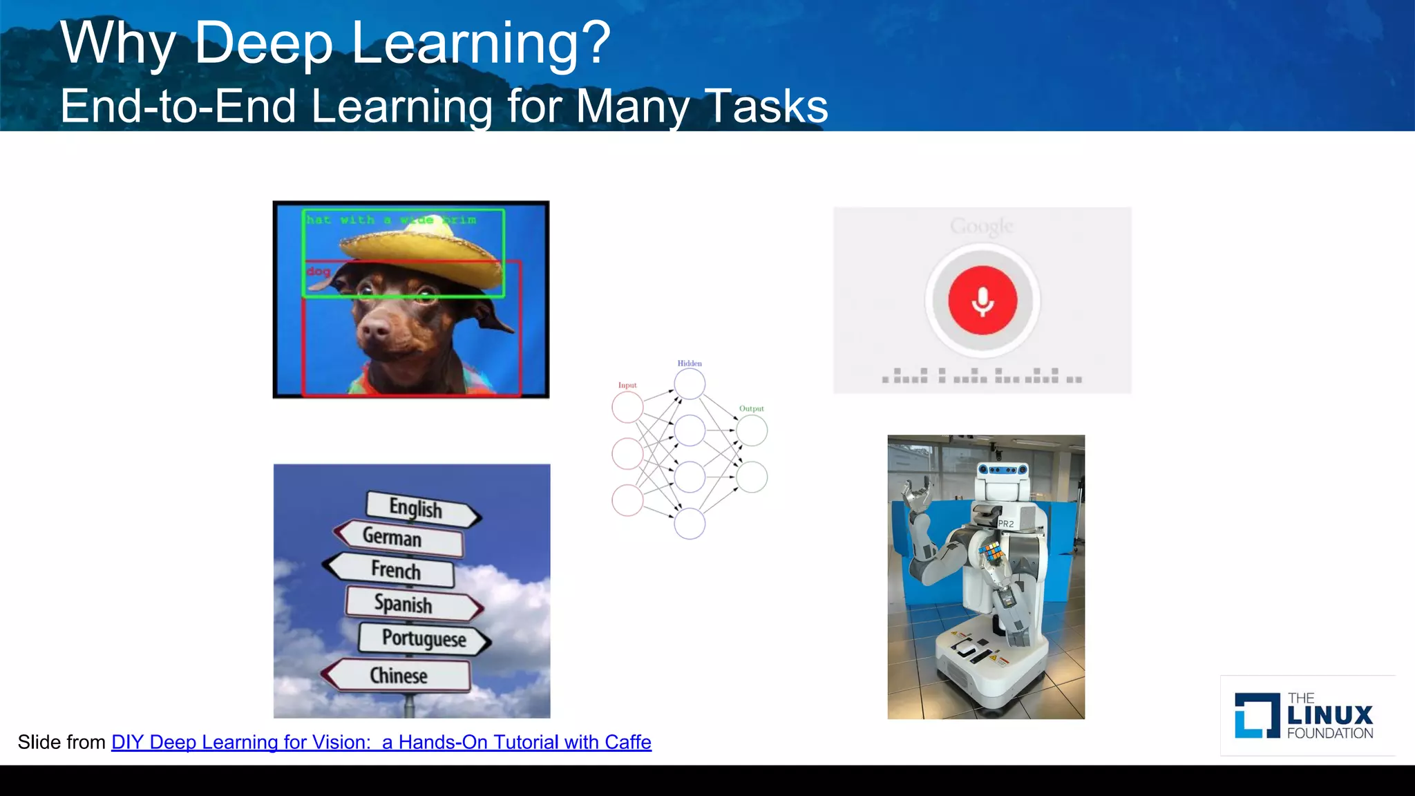 Why Deep Learning?
End-to-End Learning for Many Tasks
Slide from DIY Deep Learning for Vision: a Hands-On Tutorial with Caffe
 