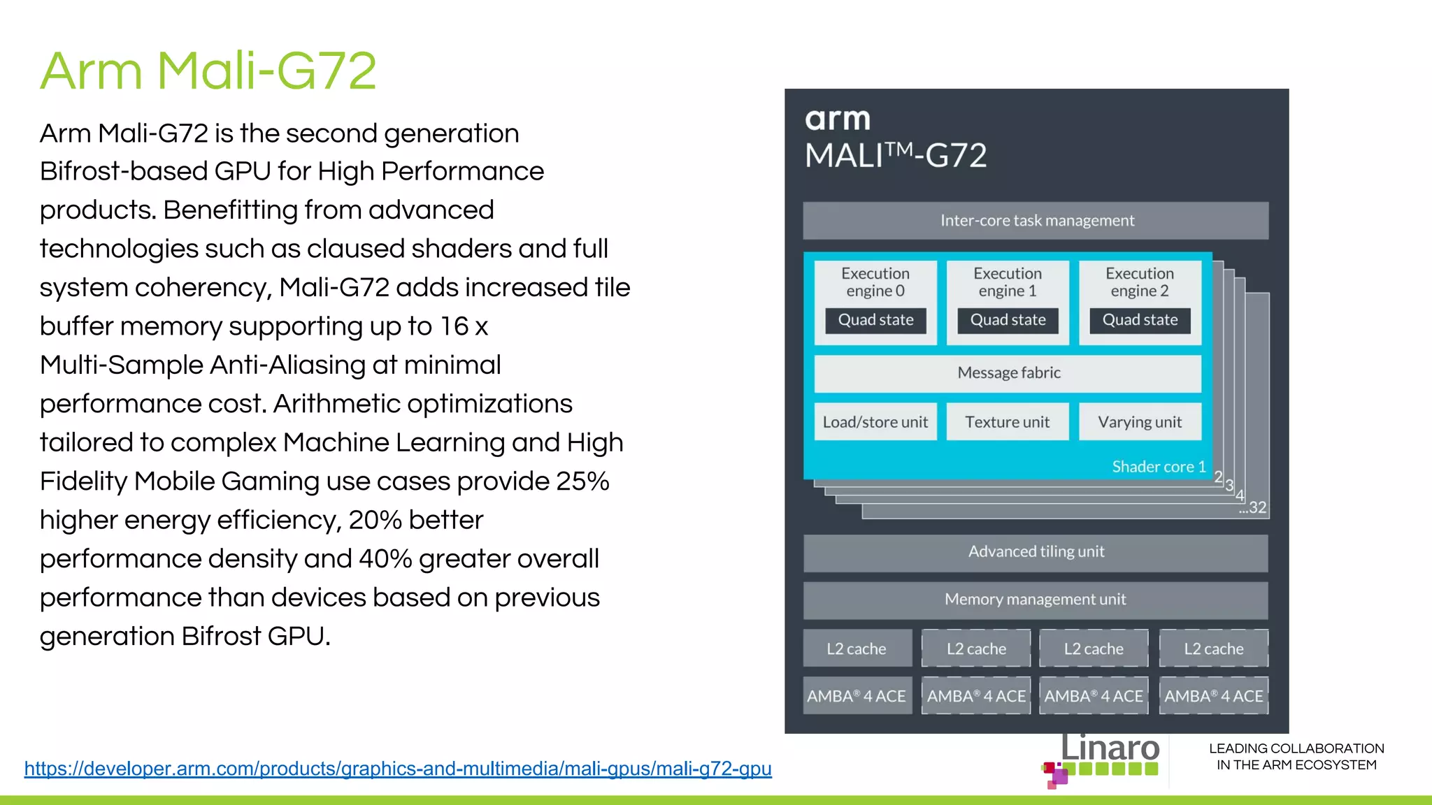 LEADING COLLABORATION
IN THE ARM ECOSYSTEM
Arm Mali-G72
Arm Mali-G72 is the second generation
Bifrost-based GPU for High Performance
products. Benefitting from advanced
technologies such as claused shaders and full
system coherency, Mali-G72 adds increased tile
buffer memory supporting up to 16 x
Multi-Sample Anti-Aliasing at minimal
performance cost. Arithmetic optimizations
tailored to complex Machine Learning and High
Fidelity Mobile Gaming use cases provide 25%
higher energy efficiency, 20% better
performance density and 40% greater overall
performance than devices based on previous
generation Bifrost GPU.
https://developer.arm.com/products/graphics-and-multimedia/mali-gpus/mali-g72-gpu
 