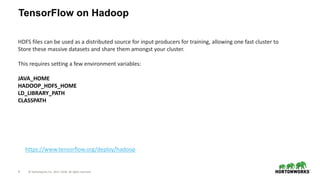 9 © Hortonworks Inc. 2011–2018. All rights reserved.
TensorFlow on Hadoop
https://www.tensorflow.org/deploy/hadoop
HDFS fi...