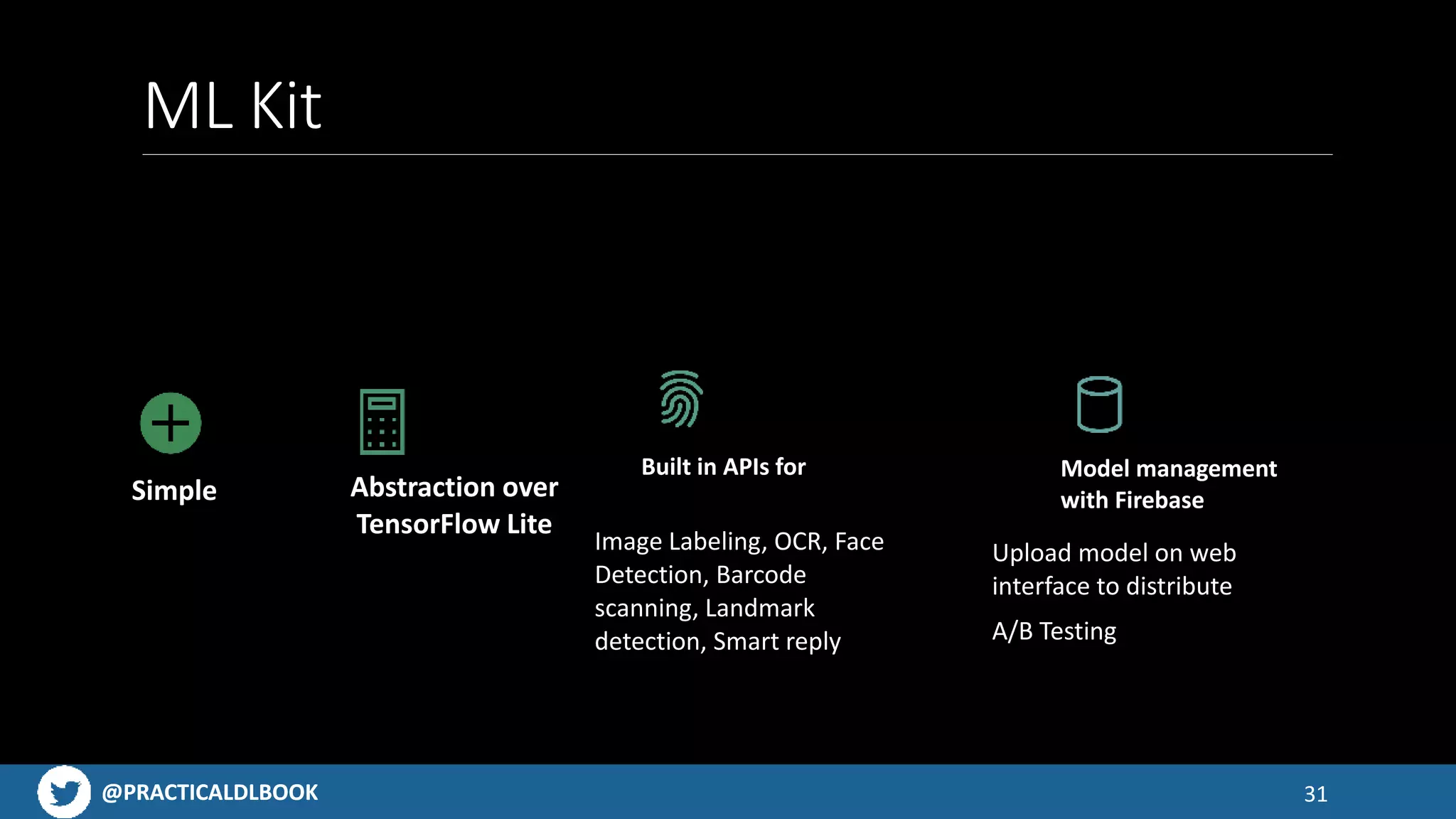 @PRACTICALDLBOOK@PRACTICALDLBOOK
ML Kit
31
Simple Abstraction over
TensorFlow Lite
Built in APIs for
Image Labeling, OCR, Face
Detection, Barcode
scanning, Landmark
detection, Smart reply
Model management
with Firebase
Upload model on web
interface to distribute
A/B Testing
 