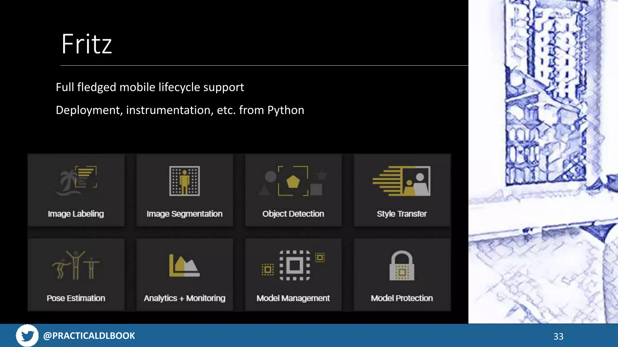 @PRACTICALDLBOOK
Fritz
Full fledged mobile lifecycle support
Deployment, instrumentation, etc. from Python
33
 