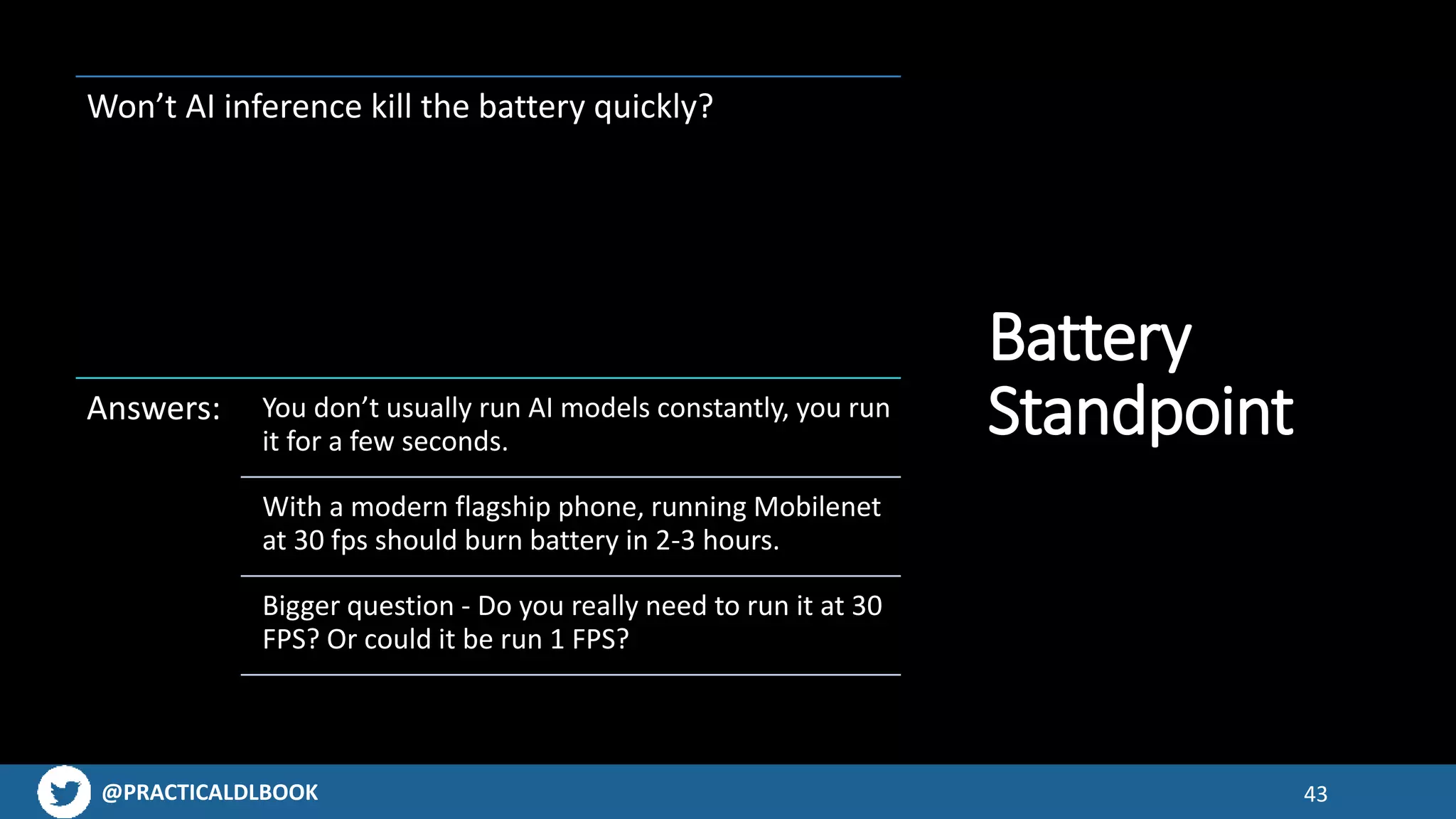 @PRACTICALDLBOOK 43
Battery
Standpoint
Won’t AI inference kill the battery quickly?
Answers: You don’t usually run AI models constantly, you run
it for a few seconds.
With a modern flagship phone, running Mobilenet
at 30 fps should burn battery in 2-3 hours.
Bigger question - Do you really need to run it at 30
FPS? Or could it be run 1 FPS?
 