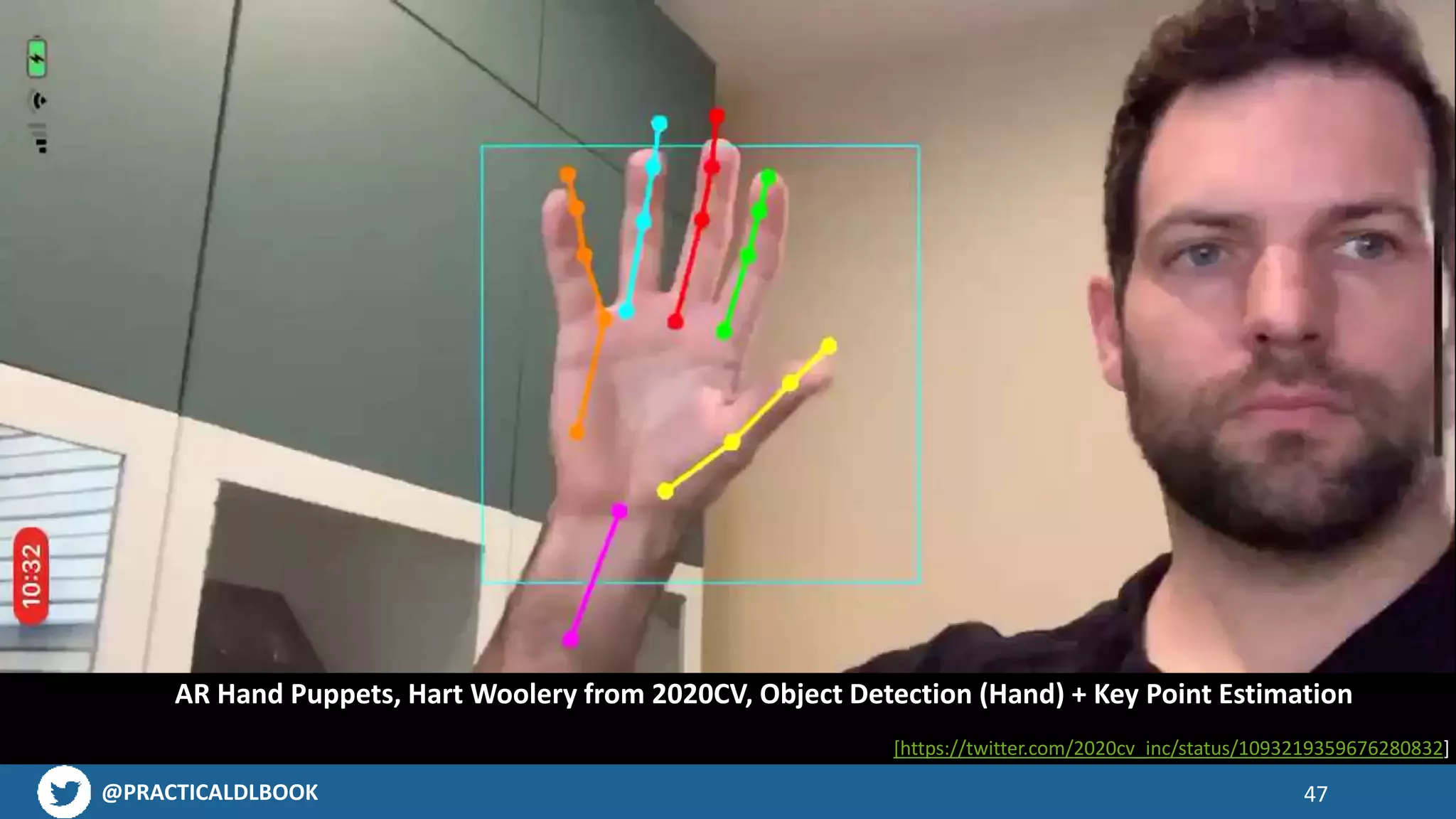 @PRACTICALDLBOOK
AR Hand Puppets
Hart Woolery from 2020CV
Object Detection (Hand) + Key Point Estimation
47
[https://twitter.com/2020cv_inc/status/1093219359676280832]
AR Hand Puppets, Hart Woolery from 2020CV, Object Detection (Hand) + Key Point Estimation
 