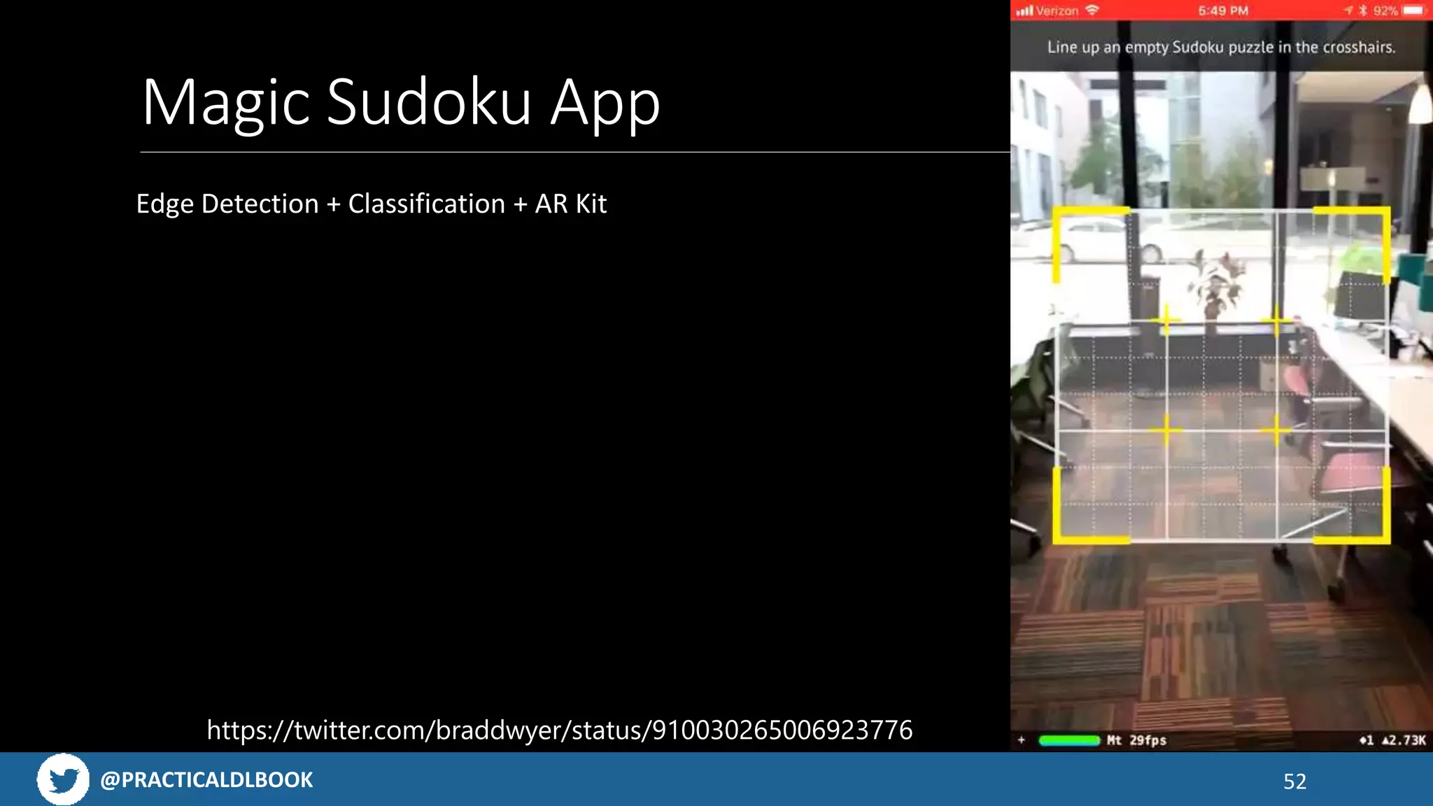 @PRACTICALDLBOOK
Magic Sudoku App
Edge Detection + Classification + AR Kit
52
https://twitter.com/braddwyer/status/910030265006923776
 