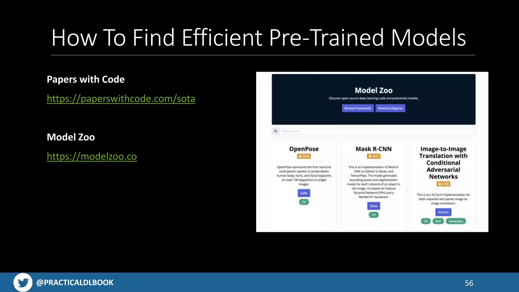 @PRACTICALDLBOOK@PRACTICALDLBOOK
How To Find Efficient Pre-Trained Models
56
Papers with Code
https://paperswithcode.com/sota
Model Zoo
https://modelzoo.co
 