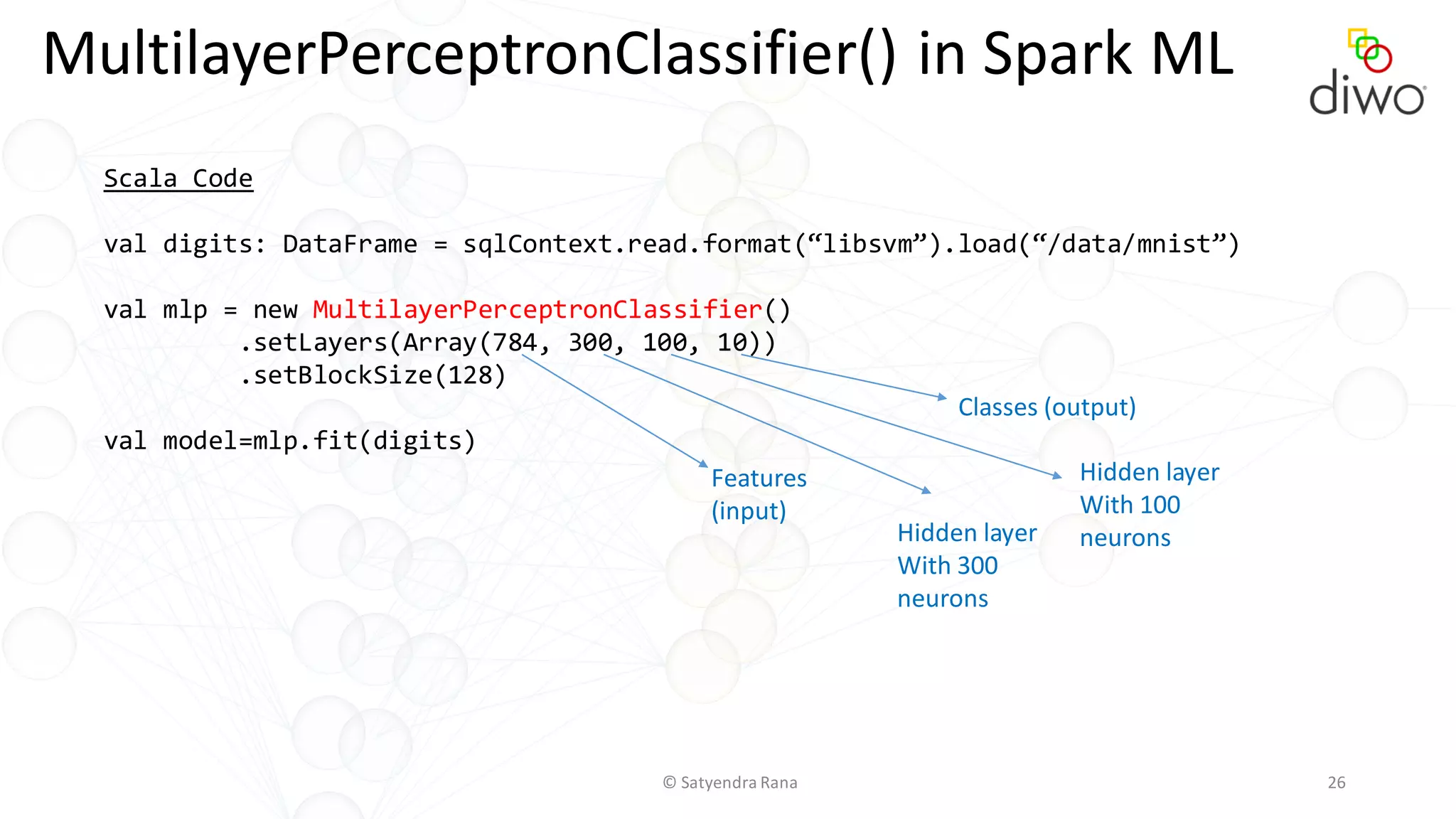 © Satyendra Rana 26
MultilayerPerceptronClassifier() in Spark ML
Scala Code
val digits: DataFrame = sqlContext.read.format(“libsvm”).load(“/data/mnist”)
val mlp = new MultilayerPerceptronClassifier()
.setLayers(Array(784, 300, 100, 10))
.setBlockSize(128)
val model=mlp.fit(digits)
Features
(input)
Classes (output)
Hidden layer
With 300
neurons
Hidden layer
With 100
neurons
 