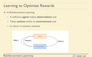 Reinforcement Learning
● In Reinforcement Learning
○ A software agent makes observations and
○ Takes actions within an environment and
○ In return it receives rewards
Learning to Optimize Rewards
 