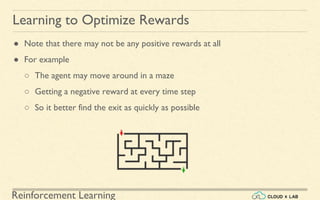 Reinforcement Learning
● Note that there may not be any positive rewards at all
● For example
○ The agent may move around in a maze
○ Getting a negative reward at every time step
○ So it better find the exit as quickly as possible
Learning to Optimize Rewards
 