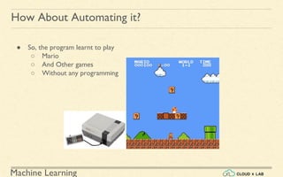 Machine Learning
How About Automating it?
● So, the program learnt to play
○ Mario
○ And Other games
○ Without any programming
 