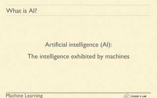 Machine Learning
What is AI?
Artificial intelligence (AI):
The intelligence exhibited by machines
 