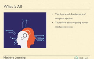 Machine Learning
What is AI?
• The theory and development of
computer systems
• To perform tasks requiring human
intelligence such as
 