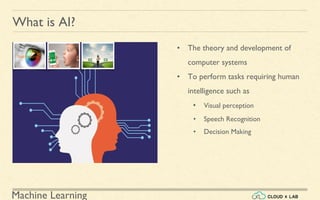 Machine Learning
What is AI?
• The theory and development of
computer systems
• To perform tasks requiring human
intelligence such as
• Visual perception
• Speech Recognition
• Decision Making
 