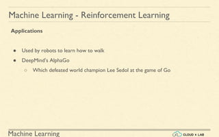 Machine Learning
Machine Learning - Reinforcement Learning
Applications
● Used by robots to learn how to walk
● DeepMind’s AlphaGo
○ Which defeated world champion Lee Sedol at the game of Go
 