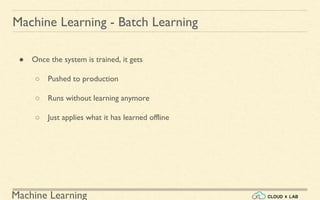 Machine Learning
Machine Learning - Batch Learning
● Once the system is trained, it gets
○ Pushed to production
○ Runs without learning anymore
○ Just applies what it has learned offline
 
