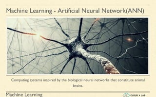 Machine Learning
Machine Learning - Artificial Neural Network(ANN)
Computing systems inspired by the biological neural networks that constitute animal
brains.
 