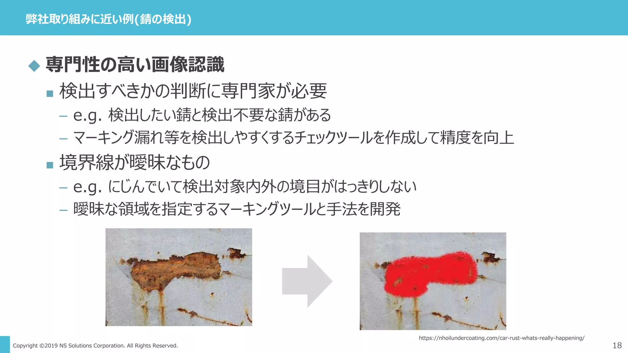 Copyright ©2019 NS Solutions Corporation. All Rights Reserved.
弊社取り組みに近い例(錆の検出)
18
 専門性の高い画像認識
 検出すべきかの判断に専門家が必要
– e.g. 検出したい錆と検出不要な錆がある
– マーキング漏れ等を検出しやすくするチェックツールを作成して精度を向上
 境界線が曖昧なもの
– e.g. にじんでいて検出対象内外の境目がはっきりしない
– 曖昧な領域を指定するマーキングツールと手法を開発
https://nhoilundercoating.com/car-rust-whats-really-happening/
 