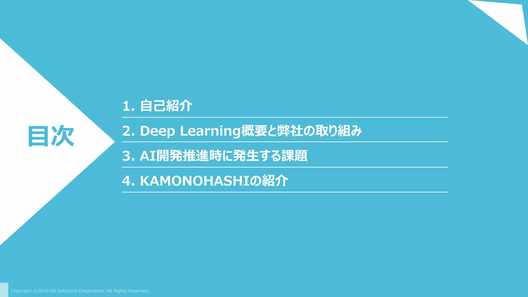 Copyright ©2019 NS Solutions Corporation. All Rights Reserved.
1. 自己紹介
目次 2. Deep Learning概要と弊社の取り組み
3. AI開発推進時に発生する課題
4. KAMONOHASHIの紹介
 