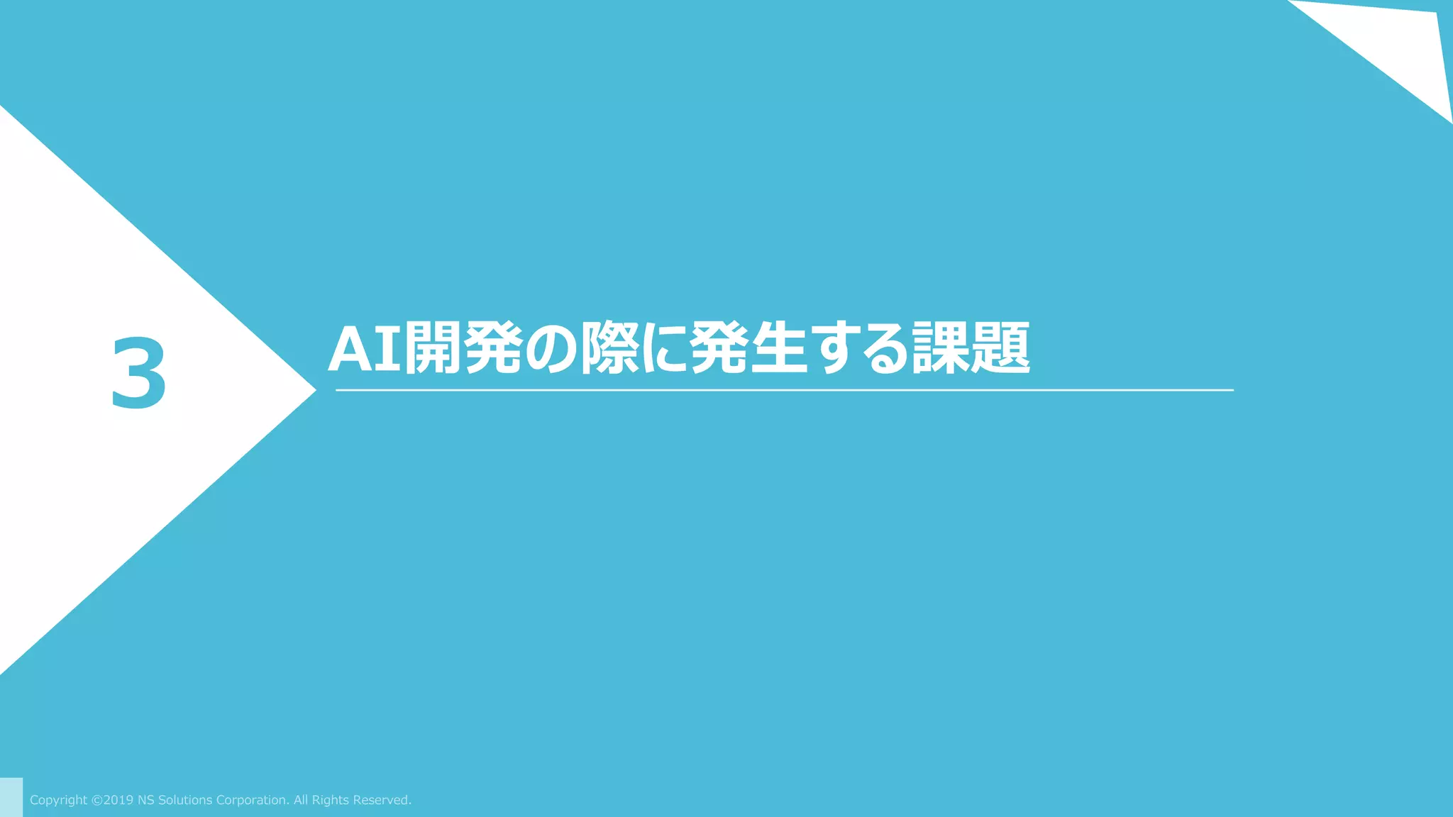 Copyright ©2019 NS Solutions Corporation. All Rights Reserved.
AI開発の際に発生する課題
3
 