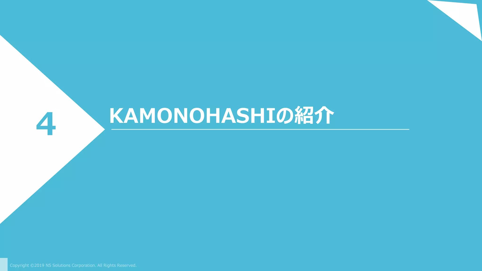Copyright ©2019 NS Solutions Corporation. All Rights Reserved.
KAMONOHASHIの紹介
4
 