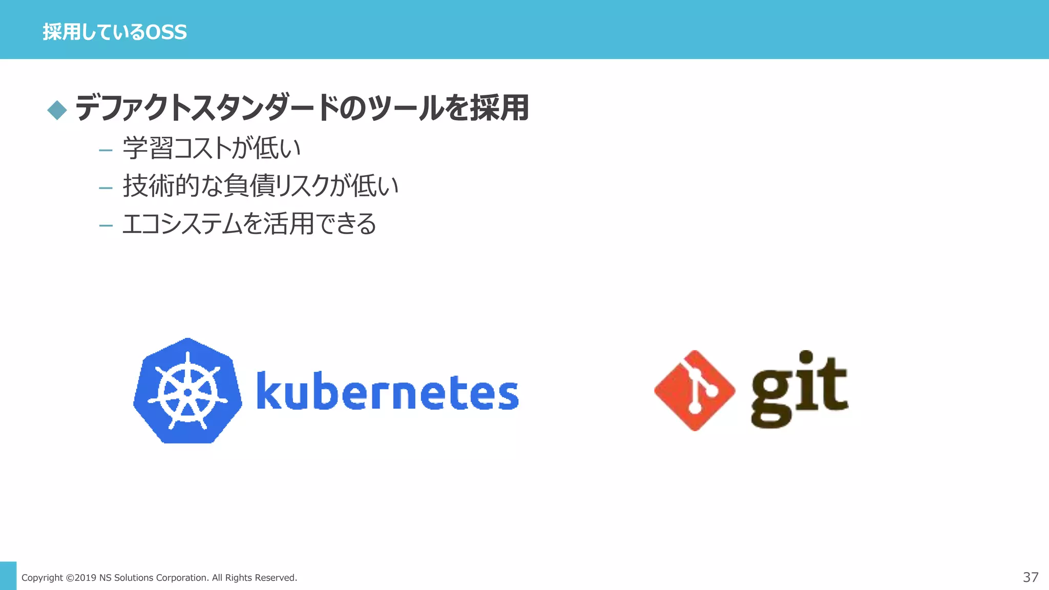 Copyright ©2019 NS Solutions Corporation. All Rights Reserved.
採用しているOSS
37
 デファクトスタンダードのツールを採用
– 学習コストが低い
– 技術的な負債リスクが低い
– エコシステムを活用できる
 