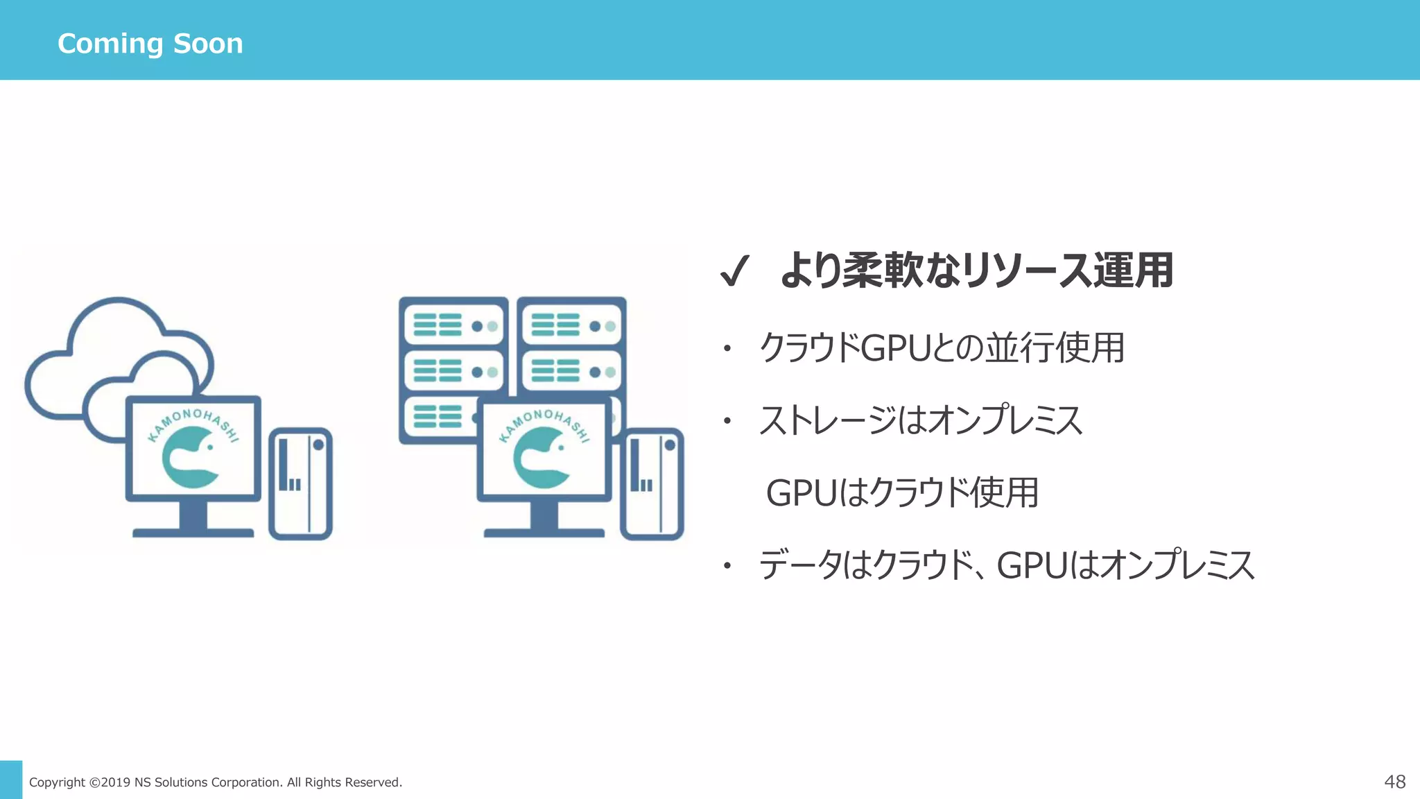 Copyright ©2019 NS Solutions Corporation. All Rights Reserved. 48
Coming Soon
✔ より柔軟なリソース運用
・ クラウドGPUとの並行使用
・ ストレージはオンプレミス
GPUはクラウド使用
・ データはクラウド、GPUはオンプレミス
 