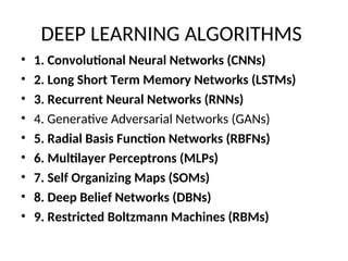 DEEP LEARNING ALGORITHMS
• 1. Convolutional Neural Networks (CNNs)
• 2. Long Short Term Memory Networks (LSTMs)
• 3. Recurrent Neural Networks (RNNs)
• 4. Generative Adversarial Networks (GANs)
• 5. Radial Basis Function Networks (RBFNs)
• 6. Multilayer Perceptrons (MLPs)
• 7. Self Organizing Maps (SOMs)
• 8. Deep Belief Networks (DBNs)
• 9. Restricted Boltzmann Machines (RBMs)
 