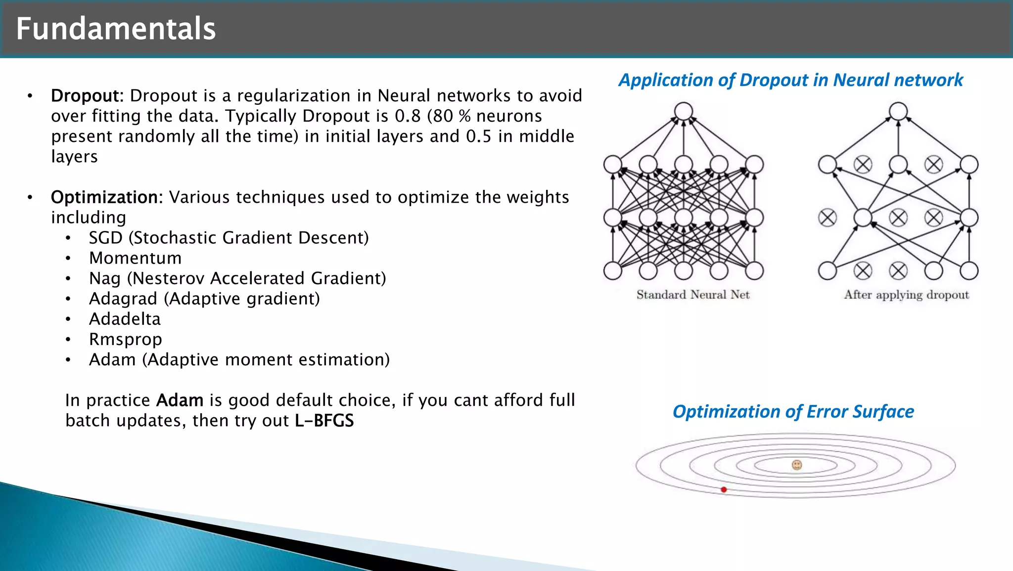 Fundamentals
• Dropout: Dropout is a regularization in Neural networks to avoid
over fitting the data. Typically Dropout is 0.8 (80 % neurons
present randomly all the time) in initial layers and 0.5 in middle
layers
• Optimization: Various techniques used to optimize the weights
including
• SGD (Stochastic Gradient Descent)
• Momentum
• Nag (Nesterov Accelerated Gradient)
• Adagrad (Adaptive gradient)
• Adadelta
• Rmsprop
• Adam (Adaptive moment estimation)
In practice Adam is good default choice, if you cant afford full
batch updates, then try out L-BFGS
Application of Dropout in Neural network
Optimization of Error Surface
 