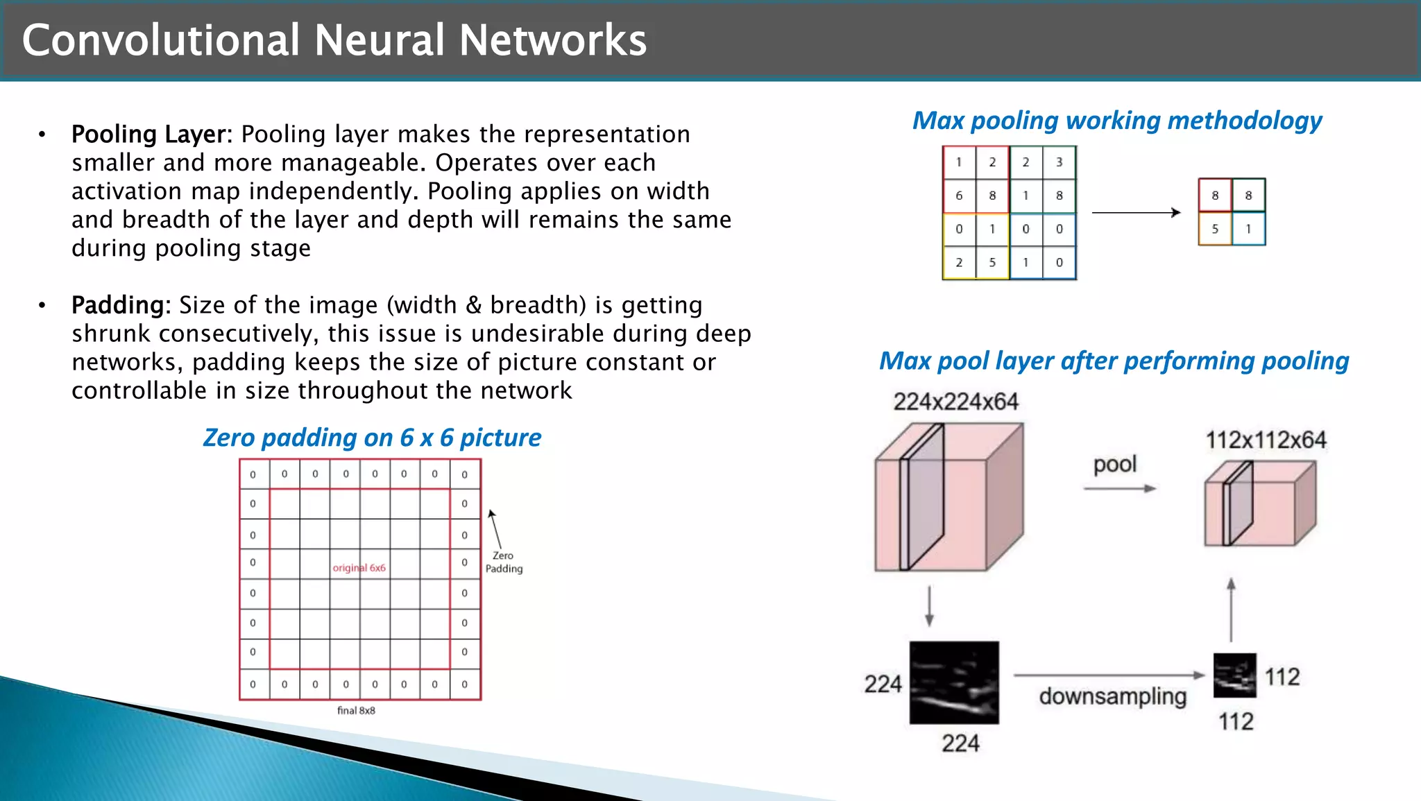 Convolutional Neural Networks
• Pooling Layer: Pooling layer makes the representation
smaller and more manageable. Operates over each
activation map independently. Pooling applies on width
and breadth of the layer and depth will remains the same
during pooling stage
• Padding: Size of the image (width & breadth) is getting
shrunk consecutively, this issue is undesirable during deep
networks, padding keeps the size of picture constant or
controllable in size throughout the network
Max pooling working methodology
Max pool layer after performing pooling
Zero padding on 6 x 6 picture
 