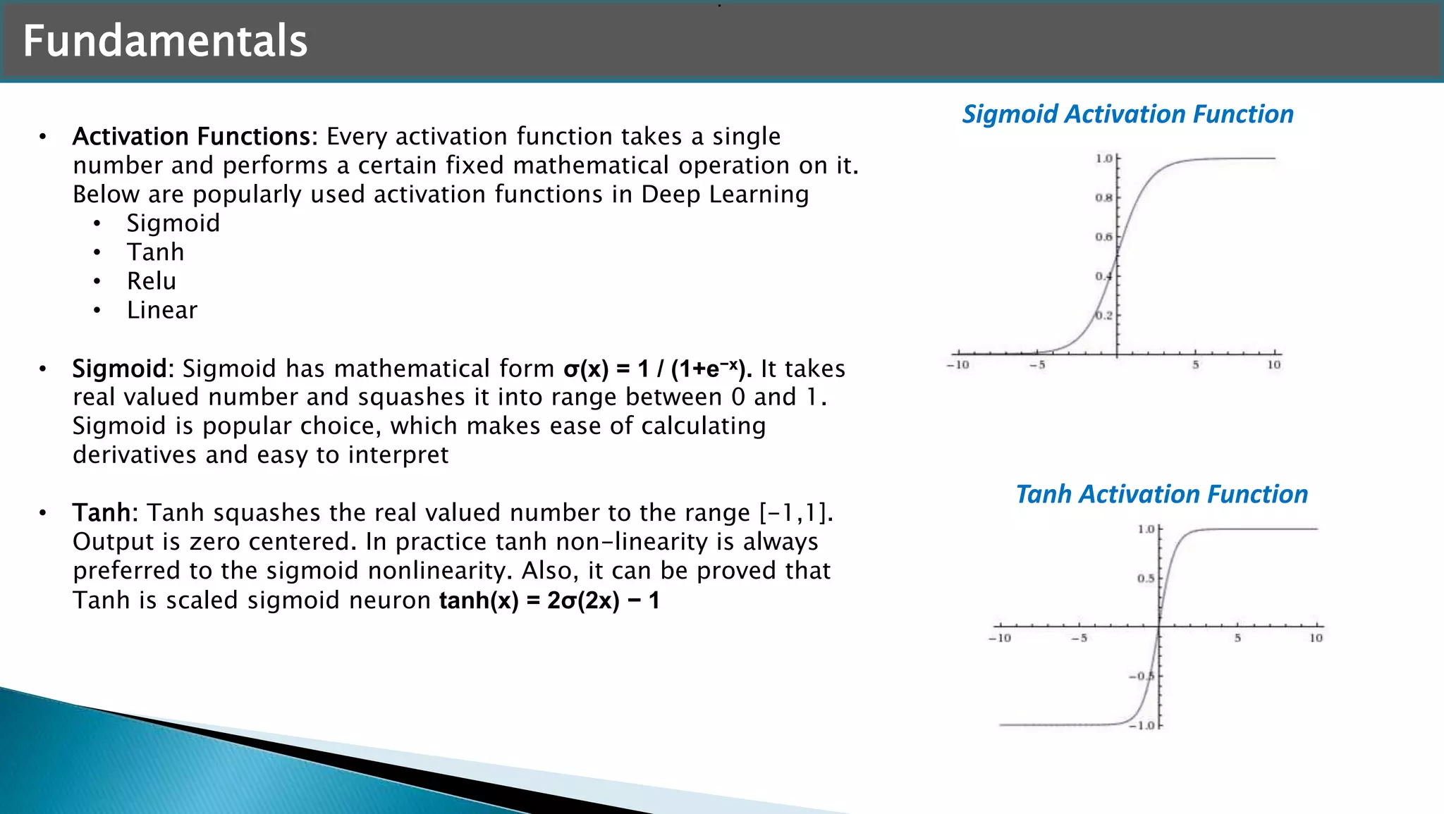 Fundamentals
• Activation Functions: Every activation function takes a single
number and performs a certain fixed mathematical operation on it.
Below are popularly used activation functions in Deep Learning
• Sigmoid
• Tanh
• Relu
• Linear
• Sigmoid: Sigmoid has mathematical form σ(x) = 1 / (1+e−x). It takes
real valued number and squashes it into range between 0 and 1.
Sigmoid is popular choice, which makes ease of calculating
derivatives and easy to interpret
• Tanh: Tanh squashes the real valued number to the range [-1,1].
Output is zero centered. In practice tanh non-linearity is always
preferred to the sigmoid nonlinearity. Also, it can be proved that
Tanh is scaled sigmoid neuron tanh(x) = 2σ(2x) − 1
Sigmoid Activation Function
.
Tanh Activation Function
 