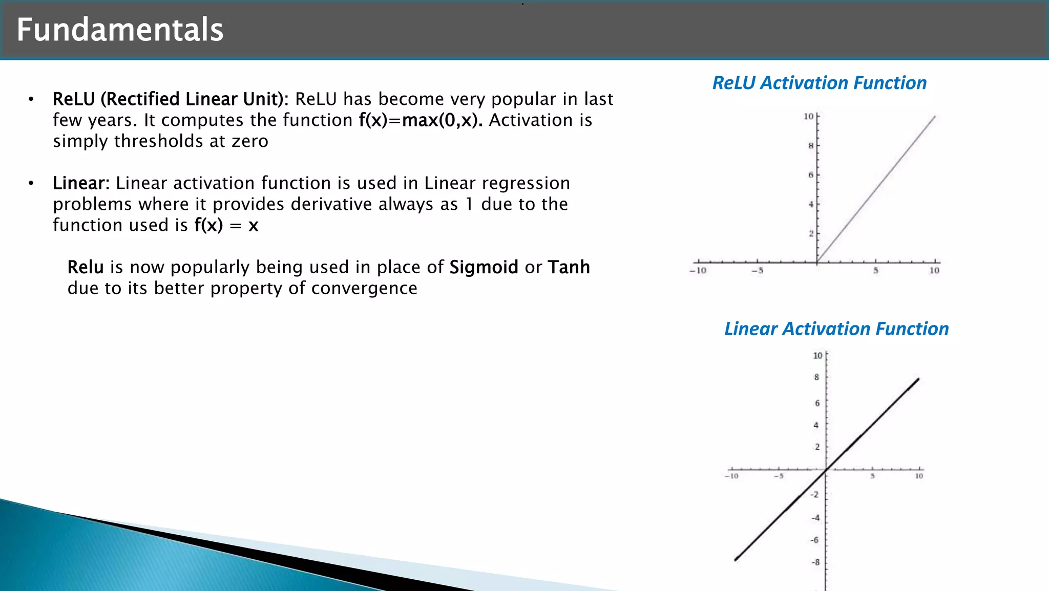 Fundamentals
• ReLU (Rectified Linear Unit): ReLU has become very popular in last
few years. It computes the function f(x)=max(0,x). Activation is
simply thresholds at zero
• Linear: Linear activation function is used in Linear regression
problems where it provides derivative always as 1 due to the
function used is f(x) = x
Relu is now popularly being used in place of Sigmoid or Tanh
due to its better property of convergence
ReLU Activation Function
.
Linear Activation Function
 