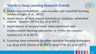Trends in Deep Learning Research (Contd)
51
5. Combining probabilistic , auto-encoder and manifold learning
models.(bengio et al., 2013)
6. Applications of deep neural networks in nonlinear networked
control systems (NCSs) (Li, et al 2017)
7. Applications of unsupervised, semi-supervised and
reinforcement-learning approaches to DNNs for complex
systems (Li, et al 2017)
8. Learning deep networks for other machine learning techniques
e.g. deep kNN (Zoran et al, 2017), deep SVM (Li, et al 2017).
 