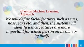 Classical Machine Learning
Approach
55
We will define facial features such as eyes,
nose, ears etc. and then, the system will
identify which features are more
important for which person on its own or
by itself.
 
