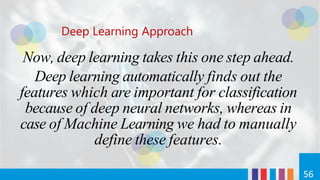 Deep Learning Approach
56
Now, deep learning takes this one step ahead.
Deep learning automatically finds out the
features which are important for classification
because of deep neural networks, whereas in
case of Machine Learning we had to manually
define these features.
 