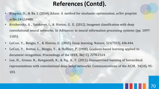 References (Contd).
70
• Kingma, D., & Ba, J. (2014). Adam: A method for stochastic optimization. arXiv preprint
arXiv:1412.6980.
• Krizhevsky, A., Sutskever, I., & Hinton, G. E. (2012). Imagenet classification with deep
convolutional neural networks. In Advances in neural information processing systems (pp. 1097-
1105).
• LeCun, Y., Bengio, Y., & Hinton, G. (2015). Deep learning. Nature, 521(7553), 436-444.
• LeCun, Y., Bottou, L., Bengio, Y., & Haffner, P. (1998). Gradient-based learning applied to
document recognition. Proceedings of the IEEE, 86(11), 2278-2324.
• Lee, H., Grosse, R., Ranganath, R., & Ng, A. Y. (2011). Unsupervised learning of hierarchical
representations with convolutional deep belief networks. Communications of the ACM, 54(10), 95-
103.
 