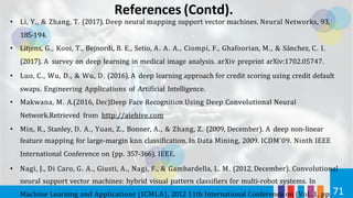 References (Contd).
• Li, Y., & Zhang, T. (2017). Deep neural mapping support vector machines. Neural Networks, 93,
185-194.
• Litjens, G., Kooi, T., Bejnordi, B. E., Setio, A. A. A., Ciompi, F., Ghafoorian, M., & Sánchez, C. I.
(2017). A survey on deep learning in medical image analysis. arXiv preprint arXiv:1702.05747.
• Luo, C., Wu, D., & Wu, D. (2016). A deep learning approach for credit scoring using credit default
swaps. Engineering Applications of Artificial Intelligence.
• Makwana, M. A.(2016, Dec)Deep Face Recognition Using Deep Convolutional Neural
Network.Retrieved from http://aiehive.com
• Min, R., Stanley, D. A., Yuan, Z., Bonner, A., & Zhang, Z. (2009, December). A deep non-linear
feature mapping for large-margin knn classification. In Data Mining, 2009. ICDM'09. Ninth IEEE
International Conference on (pp. 357-366). IEEE.
• Nagi, J., Di Caro, G. A., Giusti, A., Nagi, F., & Gambardella, L. M. (2012, December). Convolutional
neural support vector machines: hybrid visual pattern classifiers for multi-robot systems. In
Machine Learning and Applications (ICMLA), 2012 11th International Conference on (Vol. 1, pp. 71
 