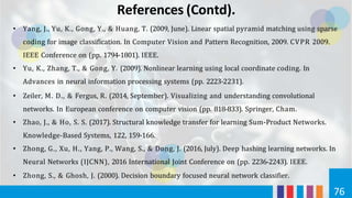References (Contd).
76
• Yang, J., Yu, K., Gong, Y., & Huang, T. (2009, June). Linear spatial pyramid matching using sparse
coding for image classification. In Computer Vision and Pattern Recognition, 2009. CVPR 2009.
IEEE Conference on (pp. 1794-1801). IEEE.
• Yu, K., Zhang, T., & Gong, Y. (2009). Nonlinear learning using local coordinate coding. In
Advances in neural information processing systems (pp. 2223-2231).
• Zeiler, M. D., & Fergus, R. (2014, September). Visualizing and understanding convolutional
networks. In European conference on computer vision (pp. 818-833). Springer, Cham.
• Zhao, J., & Ho, S. S. (2017). Structural knowledge transfer for learning Sum-Product Networks.
Knowledge-Based Systems, 122, 159-166.
• Zhong, G., Xu, H., Yang, P., Wang, S., & Dong, J. (2016, July). Deep hashing learning networks. In
Neural Networks (IJCNN), 2016 International Joint Conference on (pp. 2236-2243). IEEE.
• Zhong, S., & Ghosh, J. (2000). Decision boundary focused neural network classifier.
 