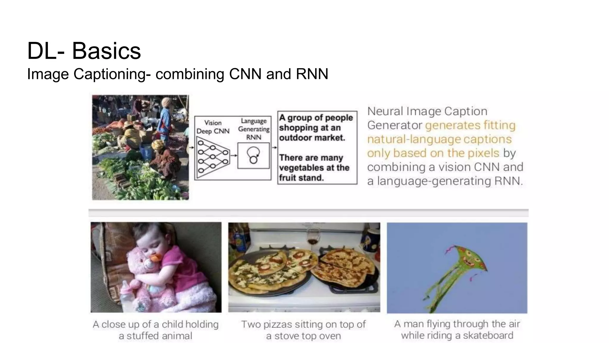 DL- Basics
Image Captioning- combining CNN and RNN