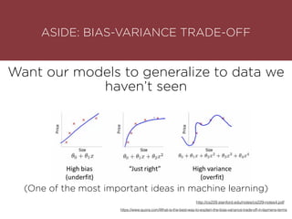 ASIDE: BIAS-VARIANCE TRADE-OFF
https://www.quora.com/What-is-the-best-way-to-explain-the-bias-variance-trade-off-in-laymens-terms
Want our models to generalize to data we
haven’t seen
(One of the most important ideas in machine learning)
http://cs229.stanford.edu/notes/cs229-notes4.pdf
 