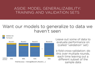 ASIDE: MODEL GENERALIZABILITY:
TRAINING AND VALIDATION SETS
Want our models to generalize to data we
haven’t seen
Leave out some of data to
evaluate performance on
(called “validation” set)
k-fold cross-validation: do
this over multiple rounds,
each time leaving out a
different subset of the
sample data
 