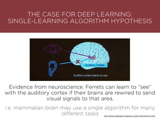 THE CASE FOR DEEP LEARNING:
SINGLE-LEARNING ALGORITHM HYPOTHESIS
Evidence from neuroscience. Ferrets can learn to “see”
with the auditory cortex if their brains are rewired to send
visual signals to that area.
i.e. mammalian brain may use a single algorithm for many
different tasks http://www.deeplearningbook.org/contents/intro.html
 