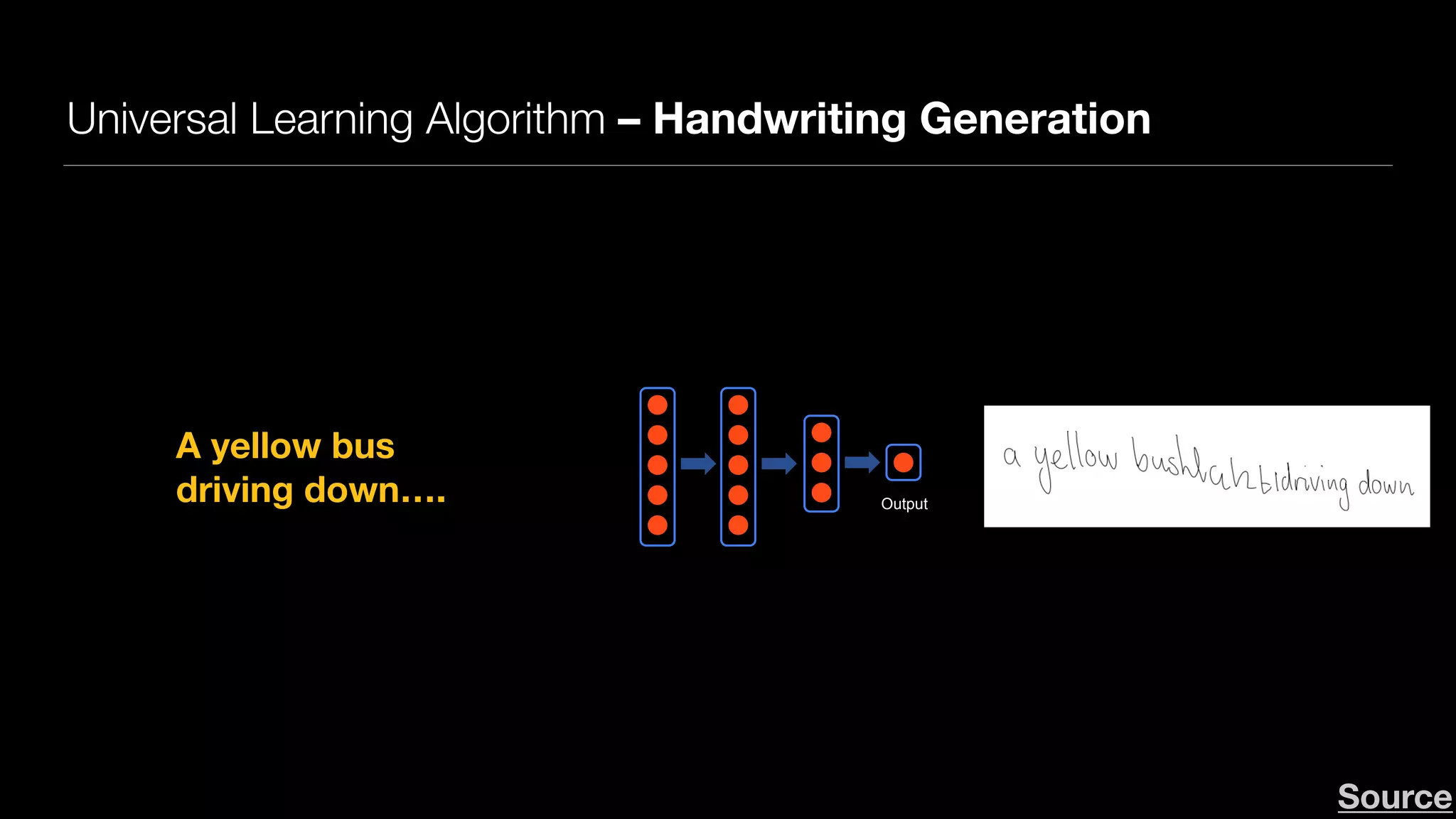Universal Learning Algorithm – Handwriting Generation
Andrew NgAndrew Ng
Neurons in the brain
Output
Deep Learning: Neural network
A yellow bus 
driving down….
Source
 