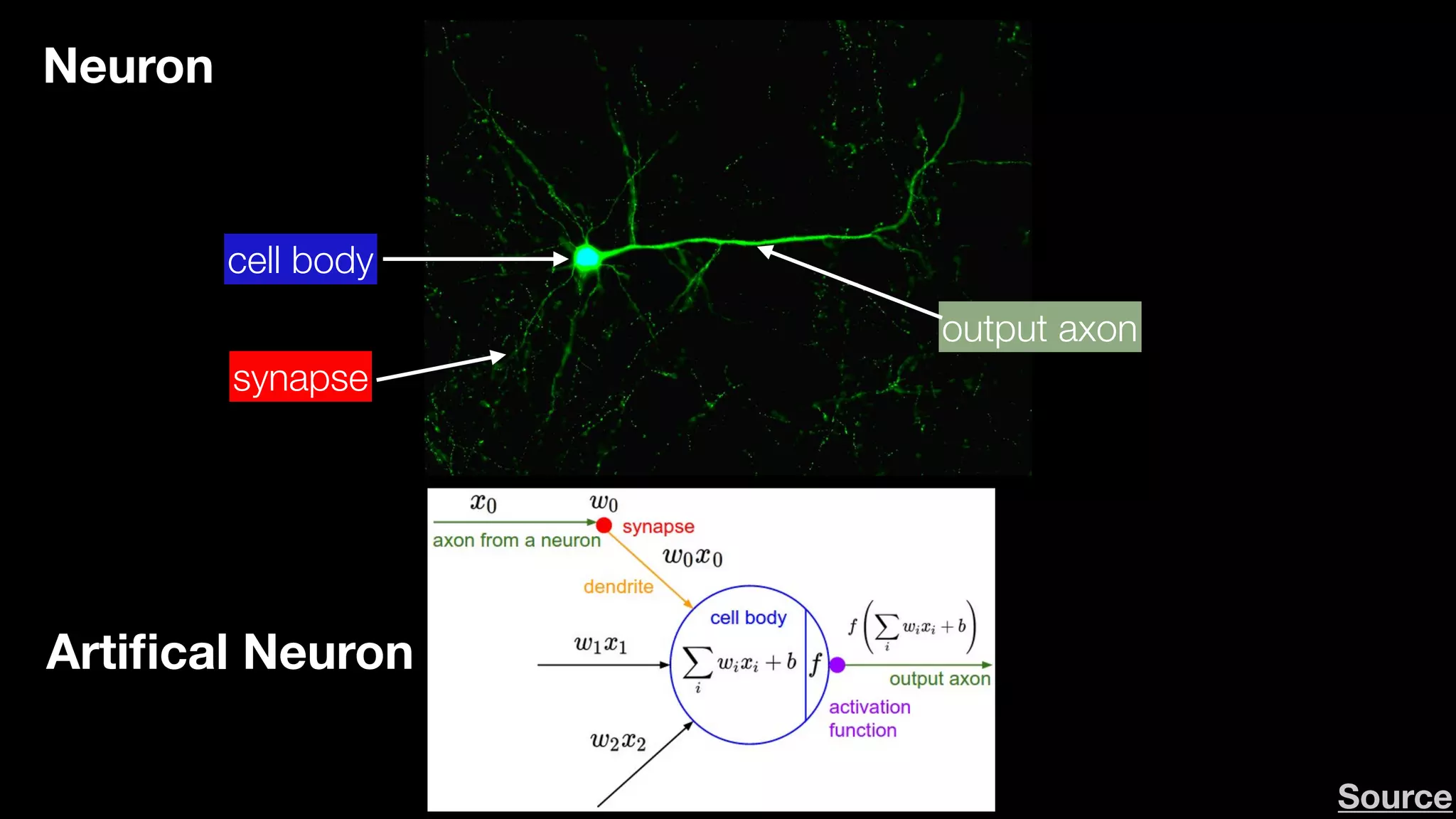 cell body
output axon
synapse
Neuron
Artiﬁcal Neuron
Source
 