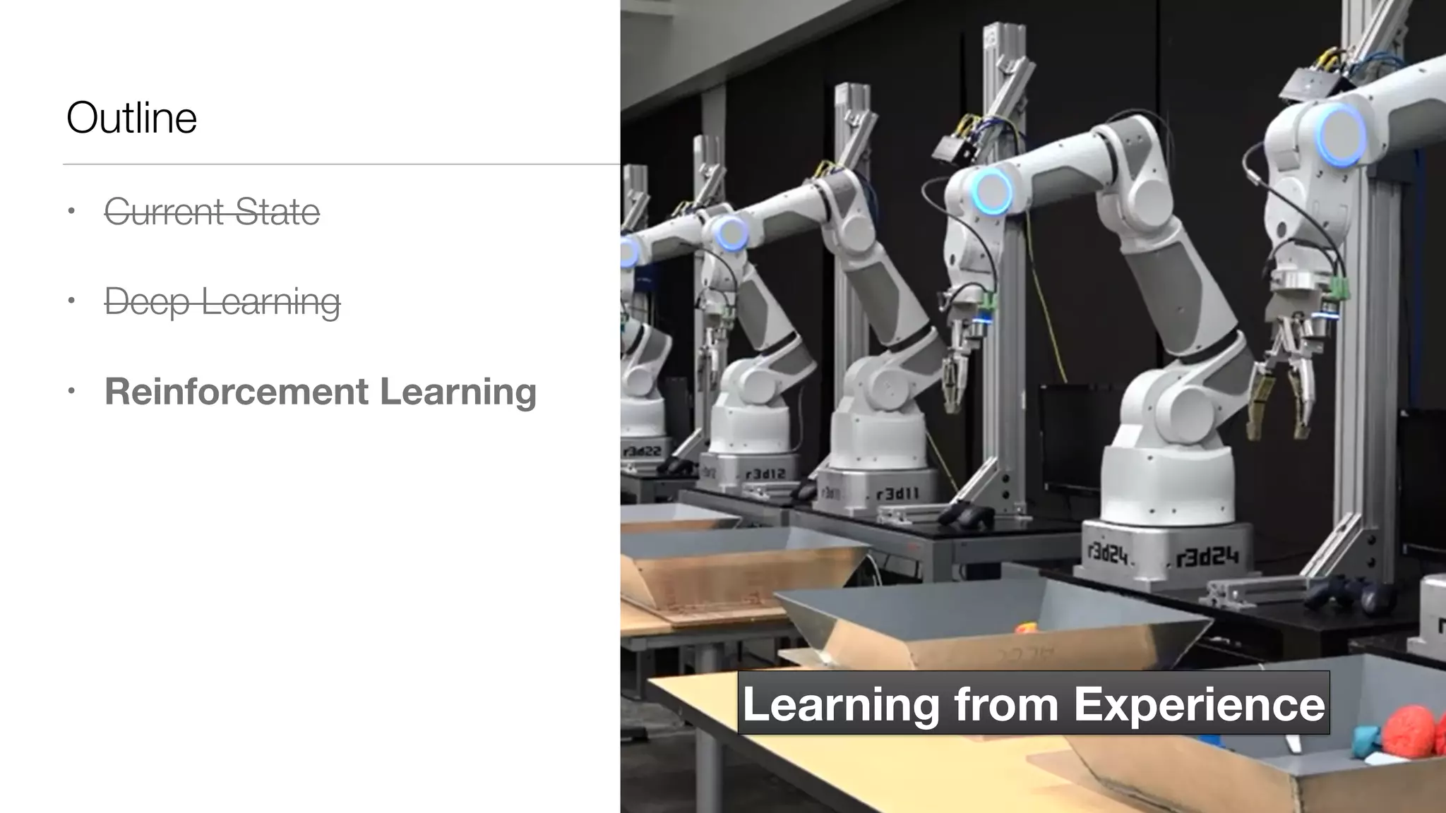 Outline
• Current State
• Deep Learning
• Reinforcement Learning
Learning from Experience
 