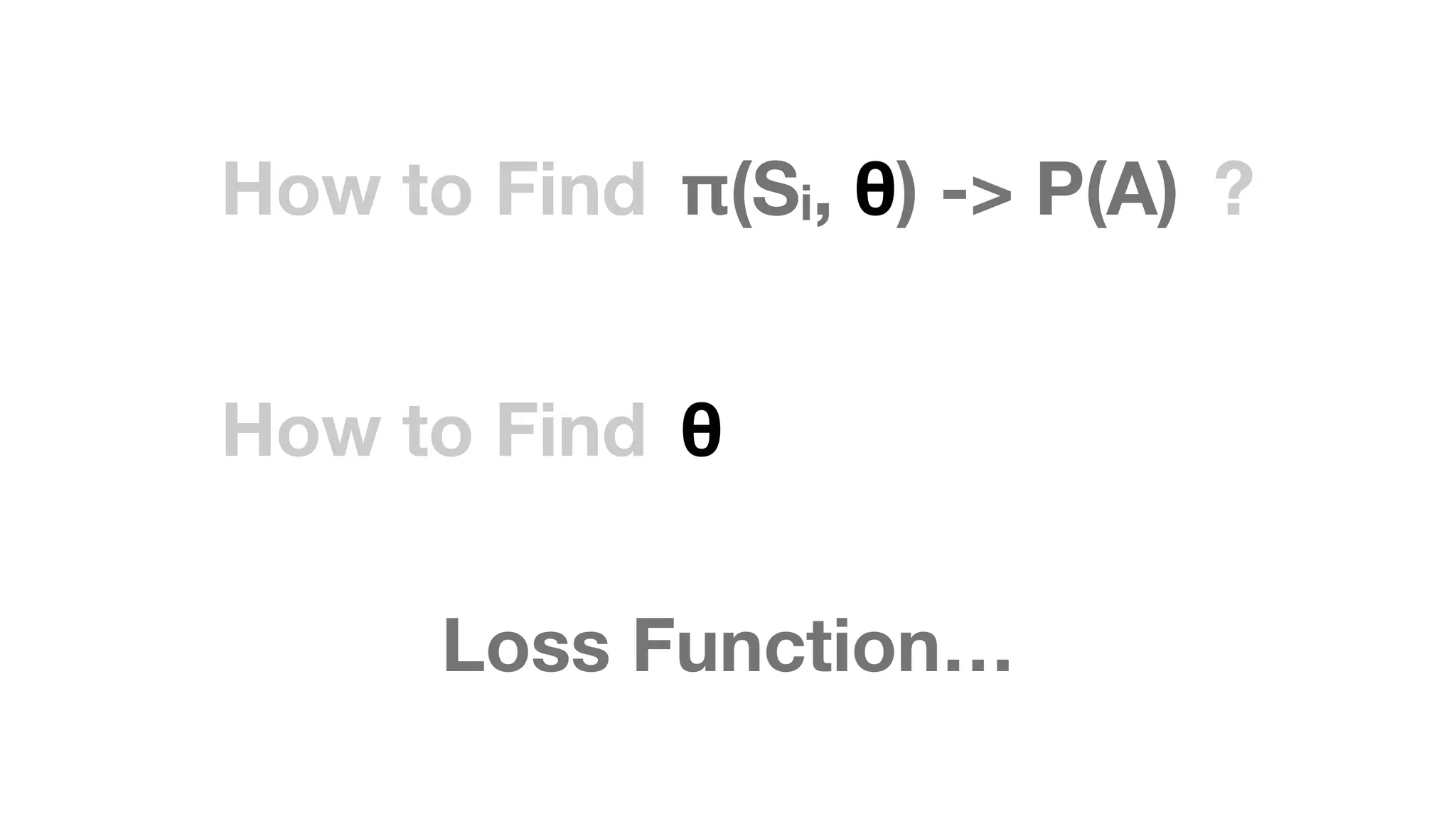 How to Find ?π(Si, θ) -> P(A)
How to Find θ
Loss Function…
 