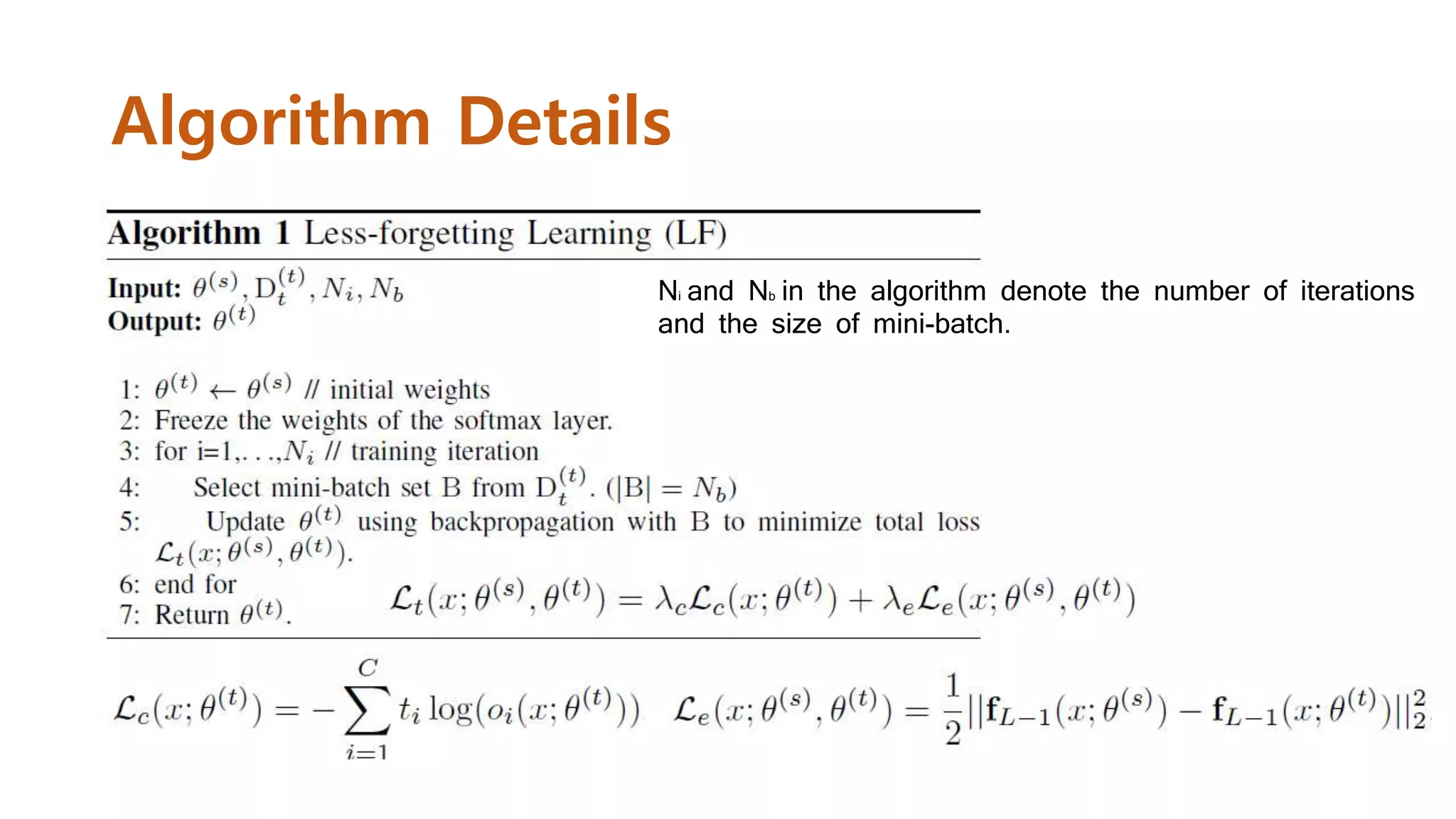 Algorithm Details
Ni and Nb in the algorithm denote the number of iterations
and the size of mini-batch.
 