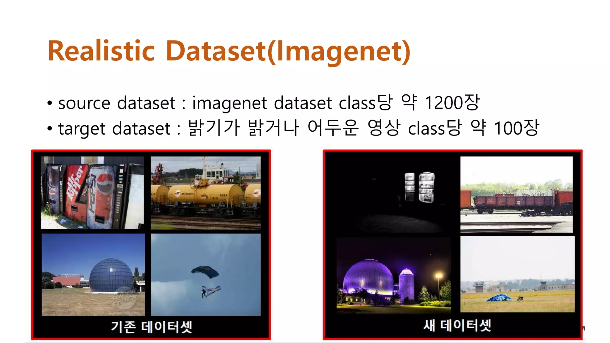 Realistic Dataset(Imagenet)
• source dataset : imagenet dataset class당 약 1200장
• target dataset : 밝기가 밝거나 어두운 영상 class당 약 100장
 