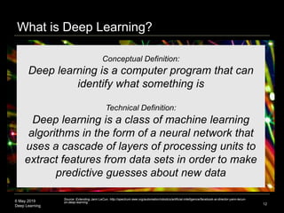 6 May 2019
Deep Learning 12
Conceptual Definition:
Deep learning is a computer program that can
identify what something is
Technical Definition:
Deep learning is a class of machine learning
algorithms in the form of a neural network that
uses a cascade of layers of processing units to
extract features from data sets in order to make
predictive guesses about new data
Source: Extending Jann LeCun, http://spectrum.ieee.org/automaton/robotics/artificial-intelligence/facebook-ai-director-yann-lecun-
on-deep-learning
What is Deep Learning?
 