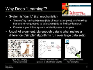 6 May 2019
Deep Learning
Why Deep “Learning”?
 System is “dumb” (i.e. mechanistic)
 “Learns” by having big data (lots of input examples), and making
trial-and-error guesses to adjust weights to find key features
 Creates a predictive system to identity new examples
 Usual AI argument: big enough data is what makes a
difference (“simple” algorithms run over large data sets)
18
Input: Big Data (e.g.;
many examples)
Method: Trial-and-error
guesses to adjust node weights
Output: system identifies
new examples
 