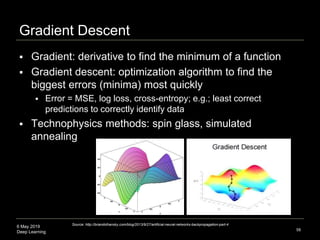 6 May 2019
Deep Learning
Gradient Descent
 Gradient: derivative to find the minimum of a function
 Gradient descent: optimization algorithm to find the
biggest errors (minima) most quickly
 Error = MSE, log loss, cross-entropy; e.g.; least correct
predictions to correctly identify data
 Technophysics methods: spin glass, simulated
annealing
58
Source: http://briandolhansky.com/blog/2013/9/27/artificial-neural-networks-backpropagation-part-4
 