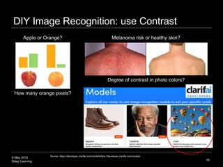 6 May 2019
Deep Learning
DIY Image Recognition: use Contrast
66
Source: https://developer.clarifai.com/modelshttps://developer.clarifai.com/models
How many orange pixels?
Apple or Orange? Melanoma risk or healthy skin?
Degree of contrast in photo colors?
 